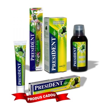 Pachet Promo igiena orala President Copii + 6 ani: Gratuit pasta de dinti aroma Lime 50ml + Apa de gura Children aroma Lime 250ml + Periuta de copii +6 ani dinti perii Soft Pachet Promo igiena orala President Copii + 6 ani: Gratuit pasta de dinti aroma Lime 50ml + Apa de gura Children aroma Lime 250ml + Periuta de copii +6 ani dinti perii Soft