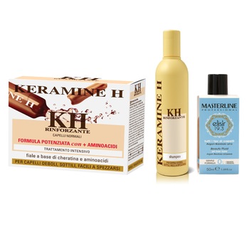 Set Tratament Reconstructie par Cheratina Keramine H: Tratament Cheratina 10 fiole x 10ml + Sampon 300ml + Ulei Argan, Baobab si In 50ml Masterline made in Italy Set Tratament Reconstructie par Cheratina Keramine H: Tratament Cheratina 10 fiole x 10ml + Sampon 300ml + Ulei Argan, Baobab si In 50ml Masterline made in Italy