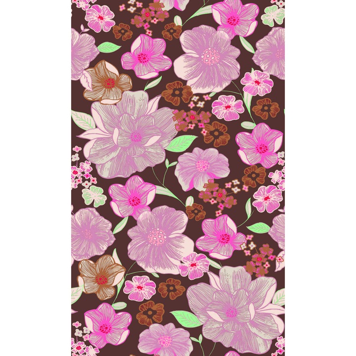 Draperie imprimata model floral maro latime 150 cm si 250 inaltime finisata cu rejansa si tiv