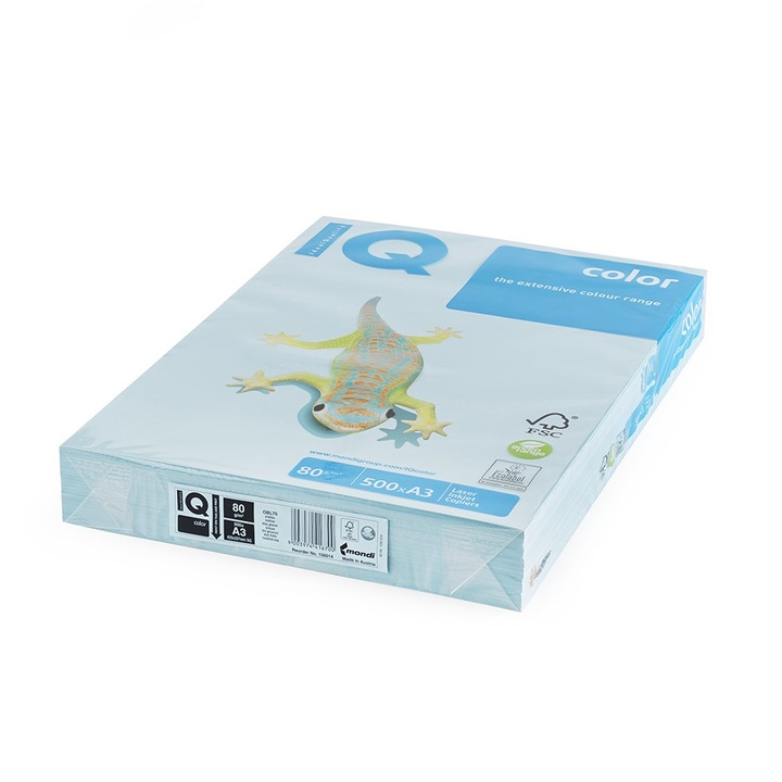 Hartie de copiere, IQ, A3, 80g. IQ OBL70 500 coli/pachet, albastru gheata pastel