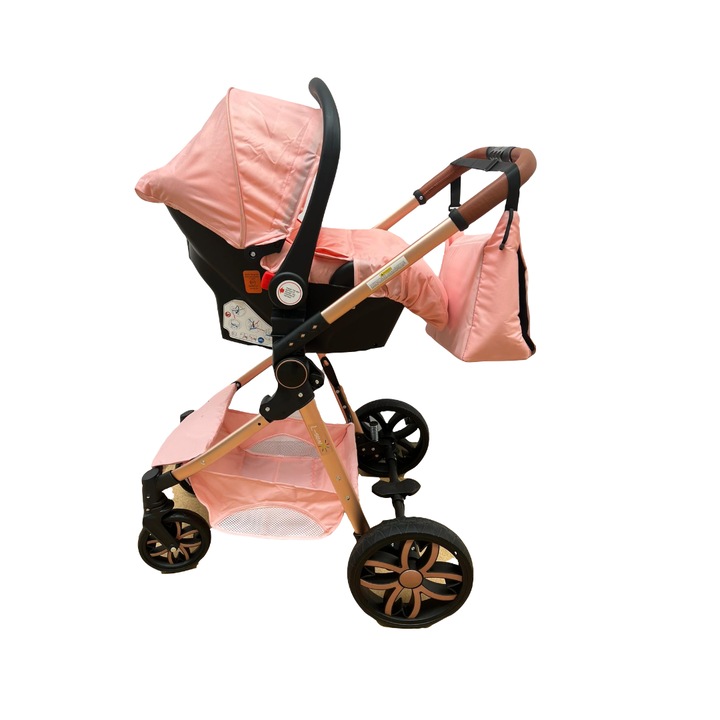 Количка 3 в 1, L-Sun, кошница за кола и чанта в комплекта, розова