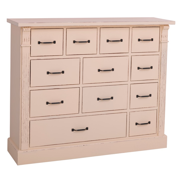 Comoda cu 12 sertare, colectia directoire, vopsit, culoare crem antichizat, 100% lemn masiv