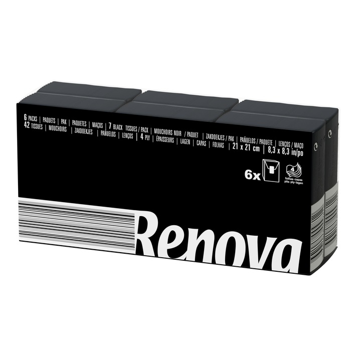 Комплект от 6 опаковки кърпички за нос Renova, Черен етикет, 4 слоя, Черен
