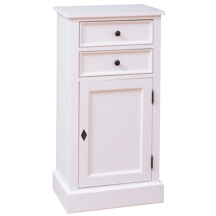 Comoda cu 2 sertare si 1 usa, vopsit, alb antichizat, 100% lemn masiv