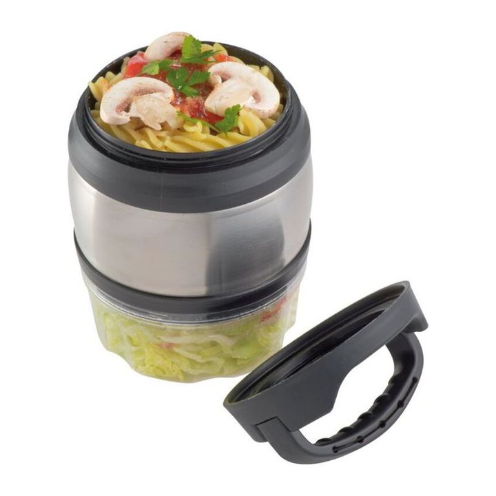 Termos pentru mancare cu maner, 920 ml, 2 compartimente, Otel inoxidabil, perete dublu, argintiu