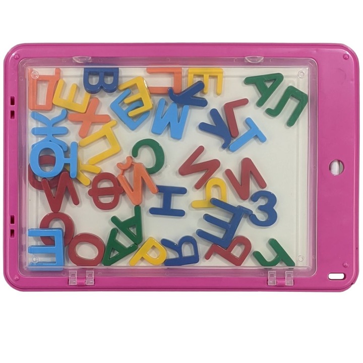 Set tabla magnetica cu litere bulgaresti, MAXIMA, Roz, Cu recipient pentru depozitarea elementelor