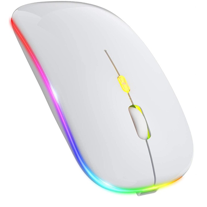 Vezeték nélküli egér, LED világítás, USB töltés, RGB, állítható Dpi, Fehér