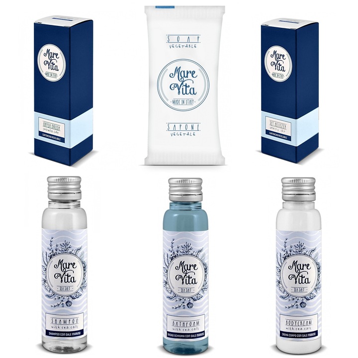 Set Cosmetice pentru Hotel cu Sare de Mare, compus din 50 x Sampon Hotelier 35 ml, 50 x Sapun Hotelier 10 g, 50 x Crema de Corp 35 ml, 50 x Gel de Dus 35 ml, 50 x Casca de Dus, 50 x Vanity kit