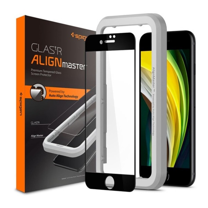 Spigen alm fc képernyővédő üveg, 2.5d, extra karcálló, 9h, 0.3mm, színkiemelés, fekete, kompatibilis: Apple iPhone SE 3, 2022, / iPhone SE 2, 2020, / iPhone 8 4.7