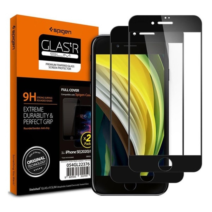 Spigen fc képernyővédő üveg 2db, 2.5d, 9h, 0.3mm, színkiemelés, fekete, kompatibilis: Apple iPhone SE 3, 2022, / iPhone SE 2, 2020, / iPhone 8 4.7
