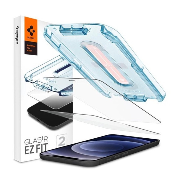 Spigen ez fit képernyővédő üveg 2db, 2.5d, tokbarát, ultravékony, 0.2mm, 9h + segédkeret, átlátszó, kompatibilis: Apple iPhone 12 Pro / iPhone 12