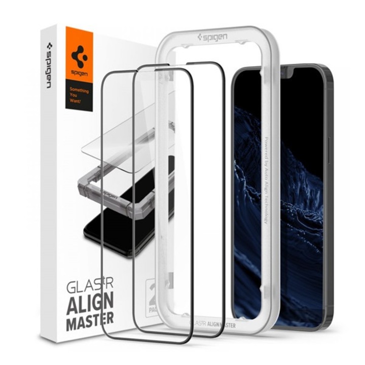 Spigen alm fc képernyővédő üveg 2db, 2.5d, extra karcálló, 9h, ultravékony, színkiemelés, fekete, kompatibilis: Apple iPhone 14 Plus / iPhone 13 Pro Max