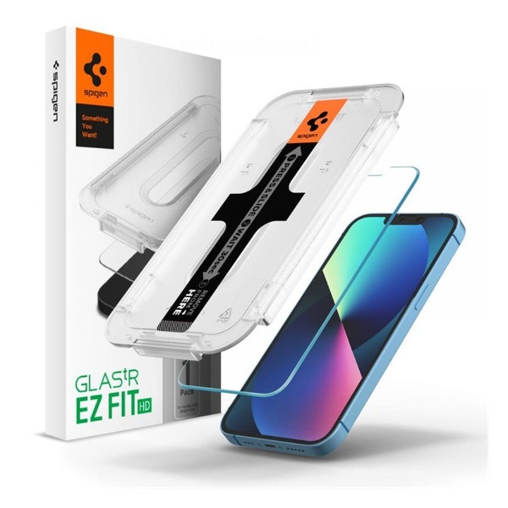 Spigen ez fit hd képernyővédő üveg, 2.5d, tokbarát, ultravékony, 0.2mm, 9h + segédkeret, átlátszó, kompatibilis: Apple iPhone 16e / iPhone 14 / iPhone 13 Pro
