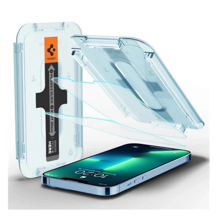 Spigen ez fit képernyővédő üveg 2db, 2.5d, tokbarát, ultravékony, 0.2mm, 9h + segédkeret, átlátszó, kompatibilis: Apple iPhone 14 Plus / iPhone 13 Pro Max