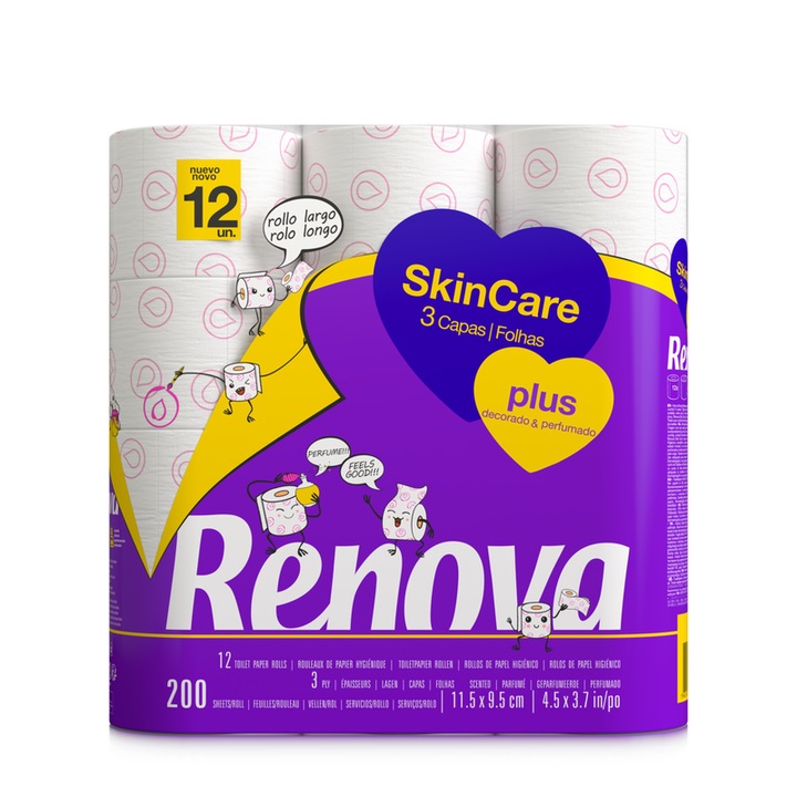 Set 12 role hartie igienica Renova, Skin Care Plus, 3 Straturi, Alb