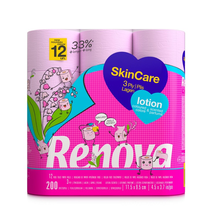 Set 12 role hartie igienica Renova, Skin Care Lotion, 3 Straturi, Roz