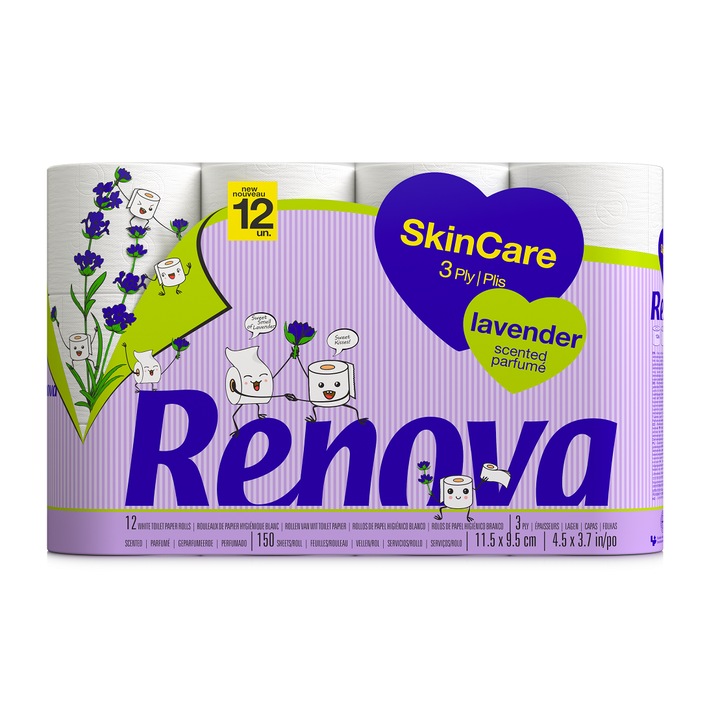 Set 12 role hartie igienica Renova, Skin Care, Lavanda, 3 Straturi, Mov