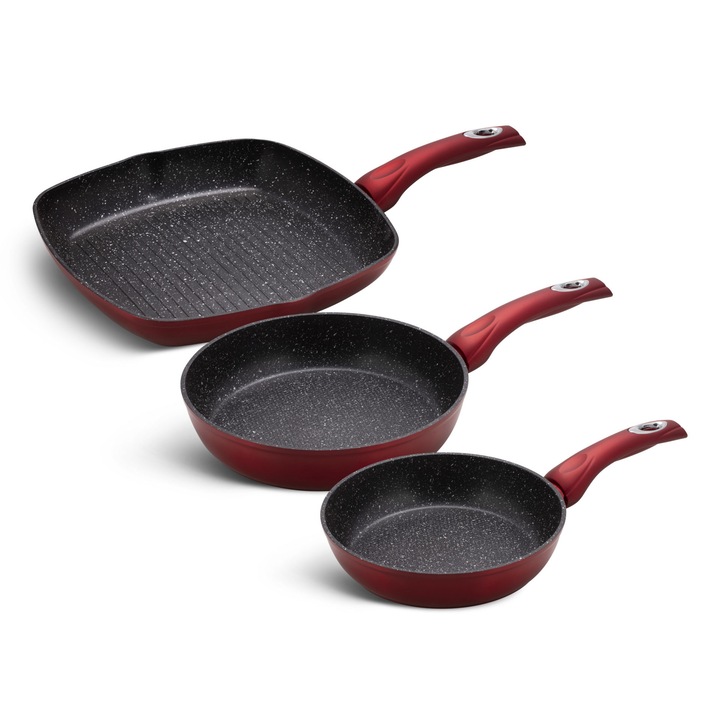 Set 3 tigai profesionale antiaderente, anti zgarieturi, format din 2 tigai universale si o tigaie grill, din aluminiu presat marmurat, pentru gaz sau inductie, Edenberg, culoare rosie