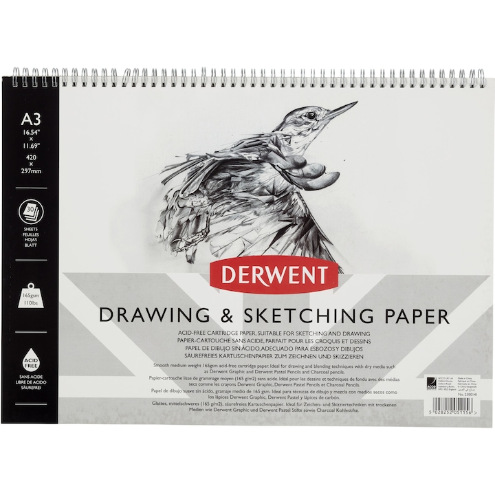 Derwent Professional vázlat- és rajzfüzet, A3, spirál, 30 lap, 165 g/m2, fehér papír