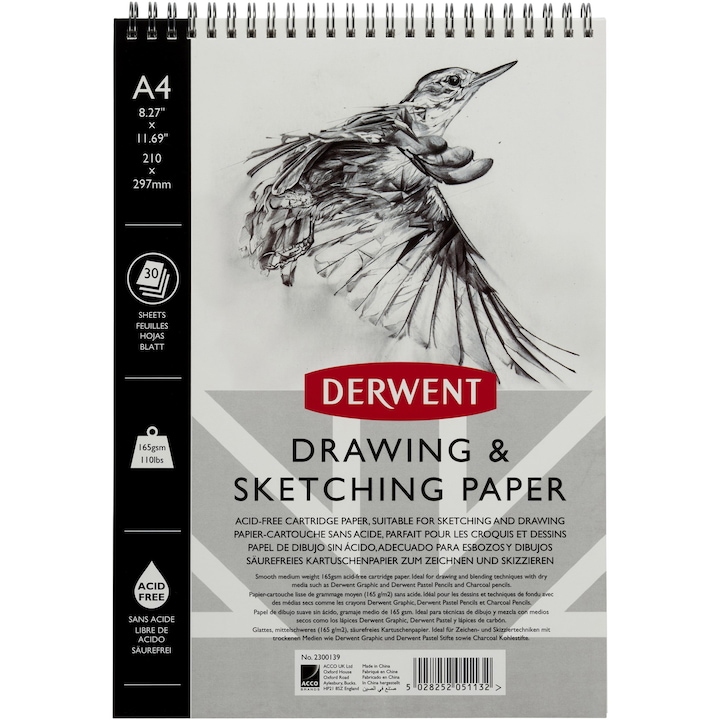 Derwent Professional vázlat- és rajzfüzet, A4, spirál, 30 lap, 165 g/m2, fehér