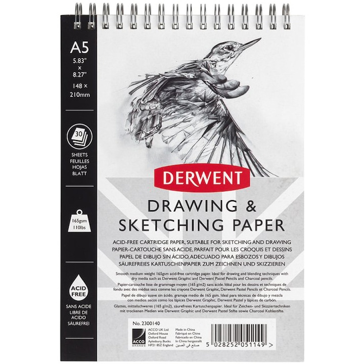 Derwent Professional vázlat- és rajzfüzet, A5, spirál, 30 lap, 165 g/m2, fehér papír