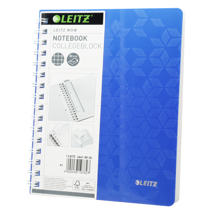 Caiet spiralat, A5, dictando, 80 de file, LEITZ "Wow", albastru