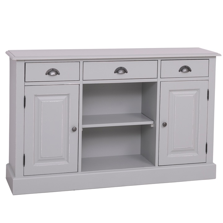 Dulap cu 2 usi, 3 sertare, spatiu deschis, gri antichizat, 100% lemn masiv