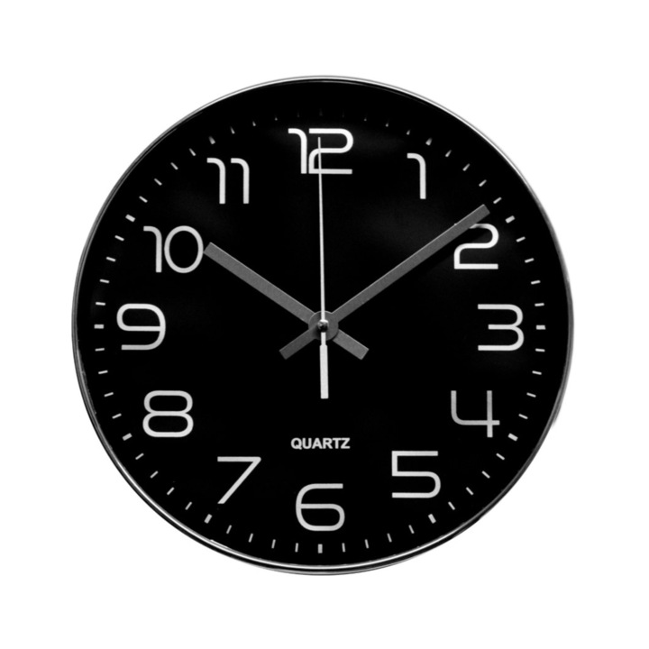 Ceas de perete Dark, analog, rotund, plastic, negru, 25 cm