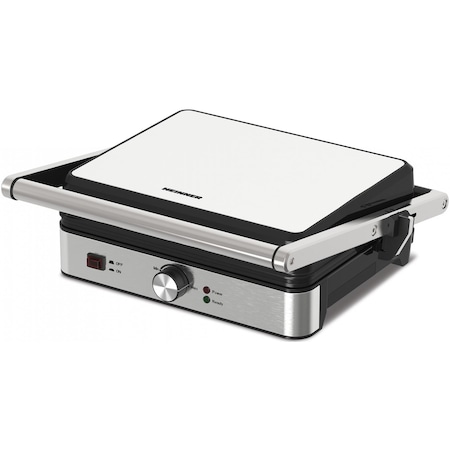 Grill electric Heinner SunsetGrill HEG-K2000SS, 2000W, Placi fixe cu invelis antiaderent, Dimensiuni placi: 30 X 24.9 cm, Temperatura reglabila, Maner rece, Deschidere 180˚, Indicatoare luminoase „ON” și „gata de folosire”, Tava colectare ulei