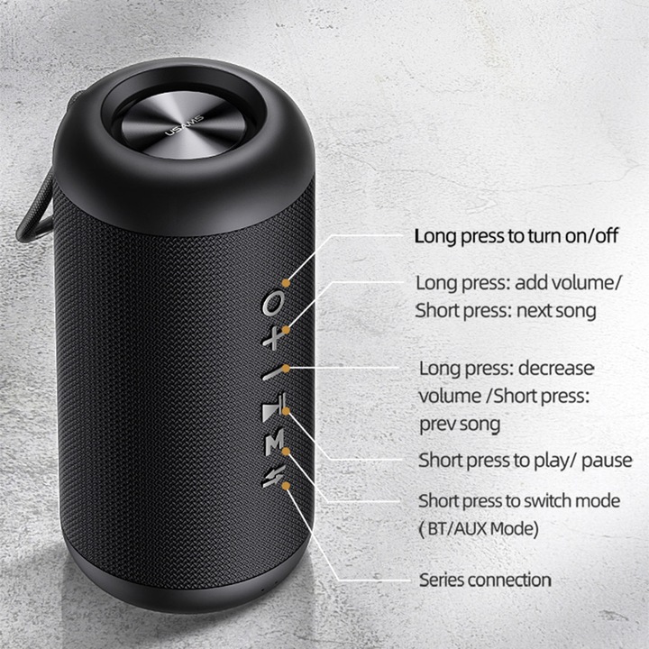 Boxa portabila wireless USAMS US-YX008, Bluetooth 5.0, 1800 mAh, 10W, Autonomie 8h, MicroUSB / AUX, Negru