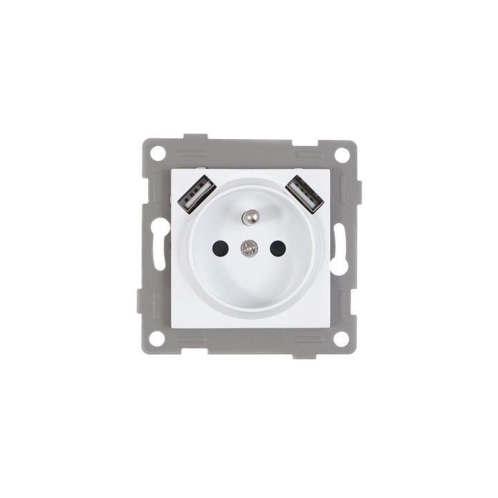Priza cu impamantare, Zola®, ZSP, 230V, 16A, 2x port USB 1A, 7.3x7.3 cm, fara cadru, alb