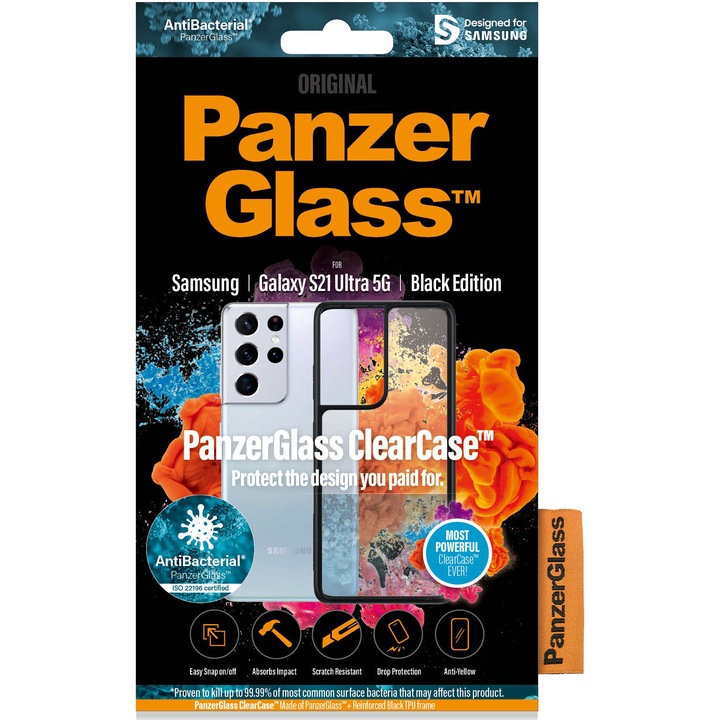 Husa de protectie PanzerGlass pentru Samsung Galaxy S21 Ultra 5G, Transparentaa / Rama Neagra