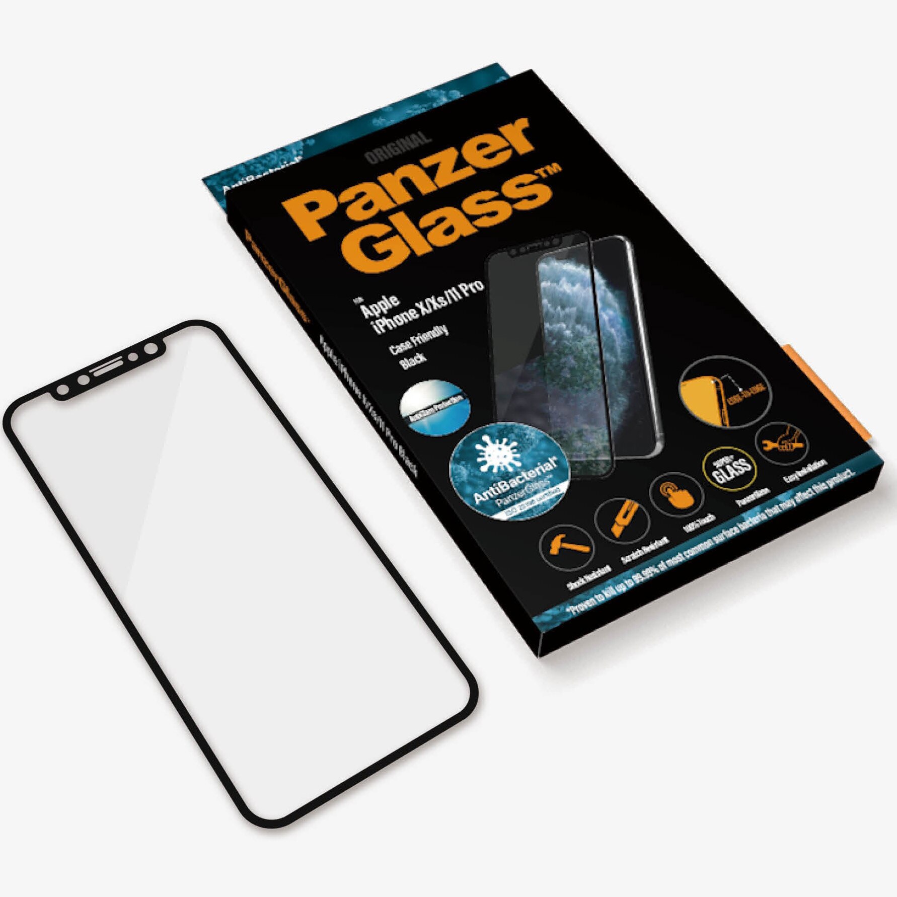 Folie de protectie PanzerGlass din sticla pentru Apple iPhone X/Xs/11, antireflex, Transparenta / Rama Neagra
