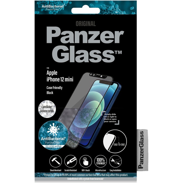 PanzerGlass üvegvédő fólia Apple iPhone 12 Minihez - CamSlider, Átlátszó / Fekete keret