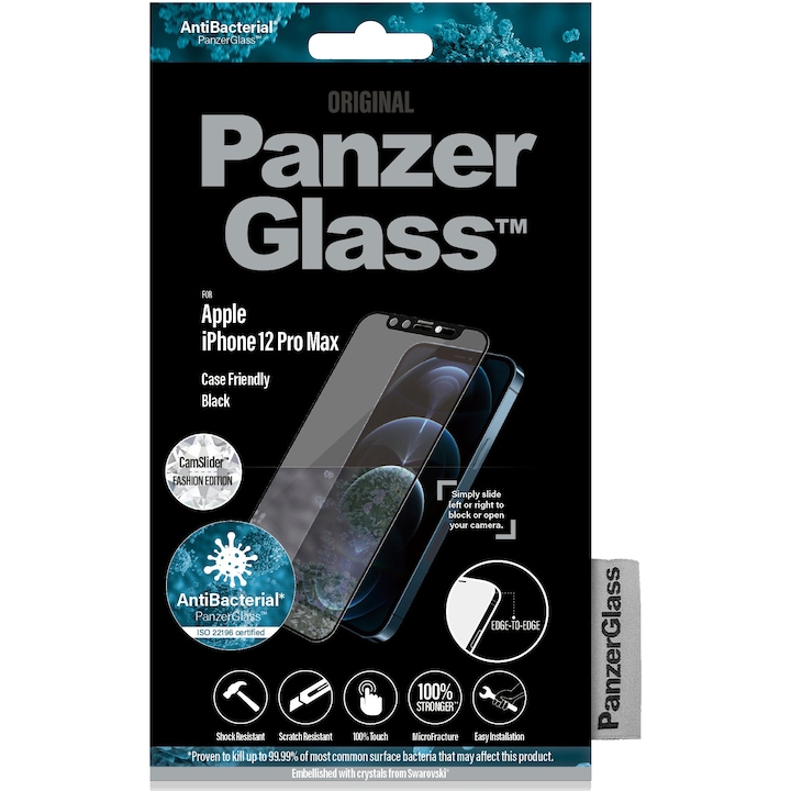 PanzerGlass védőüveg fólia Apple iPhone 12 Pro Max telefonhoz - CamSlider, átlátszó / fekete keret