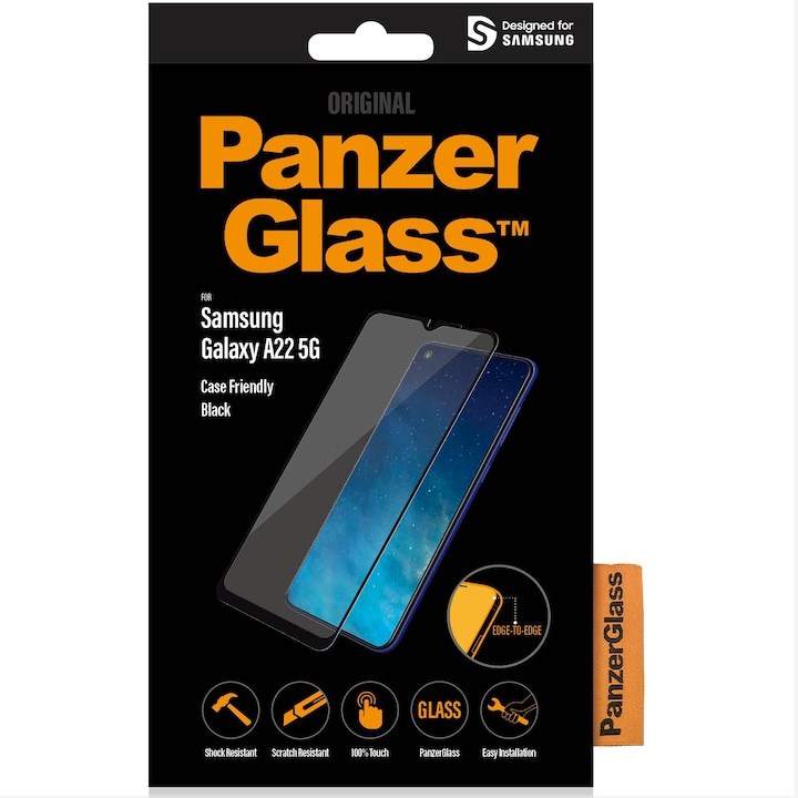 PanzerGlass üveg védőfólia Samsung Galaxy A22 5G telefonhoz, átlátszó / fekete keret