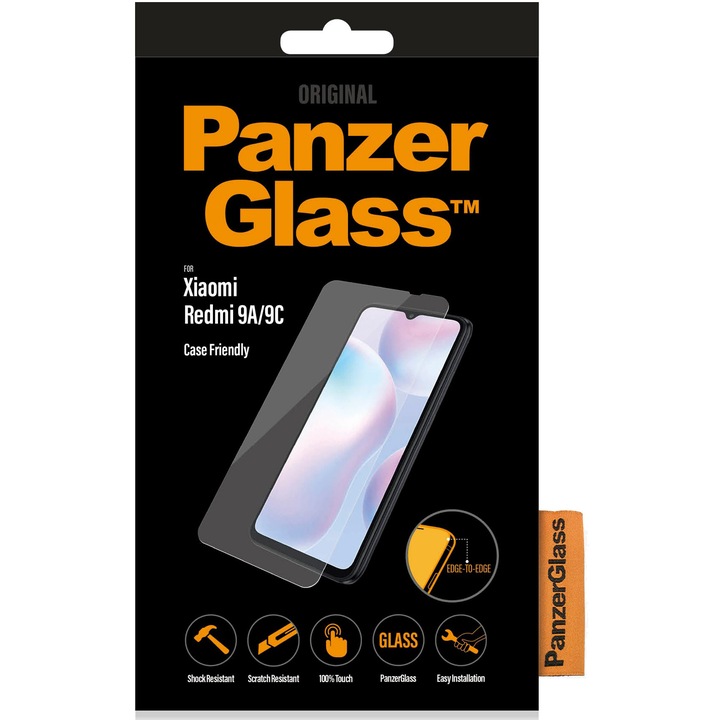 PanzerGlass üveg védőfólia Xiaomi Redmi 9A/9C-hez, átlátszó / fekete keret