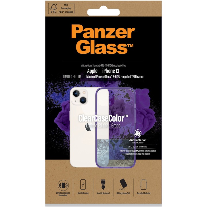 PanzerGlass védőtok Apple iPhone 13-hoz, átlátszó / lila keret