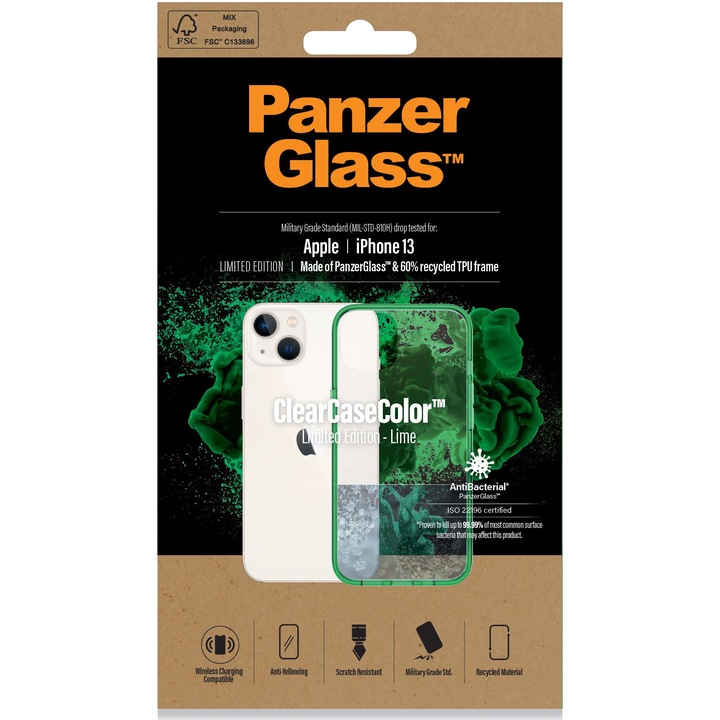 PanzerGlass védőtok Apple iPhone 13-hoz, Átlátszó / Lime váz