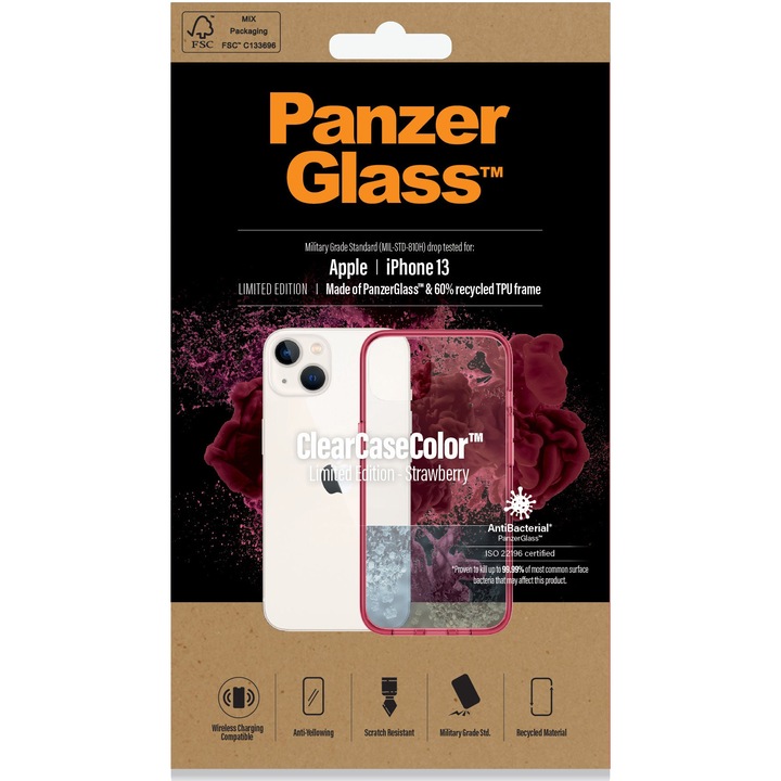 Калъф PanzerGlass за Apple iPhone 13, Прозрачен/Рамка Strawberry
