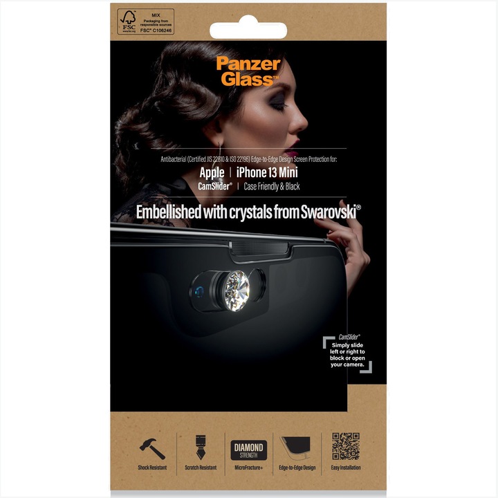 PanzerGlass védőfólia Swarovski kristályokkal Apple iPhone 13 Minihez, Átlátszó / Fekete kerettel