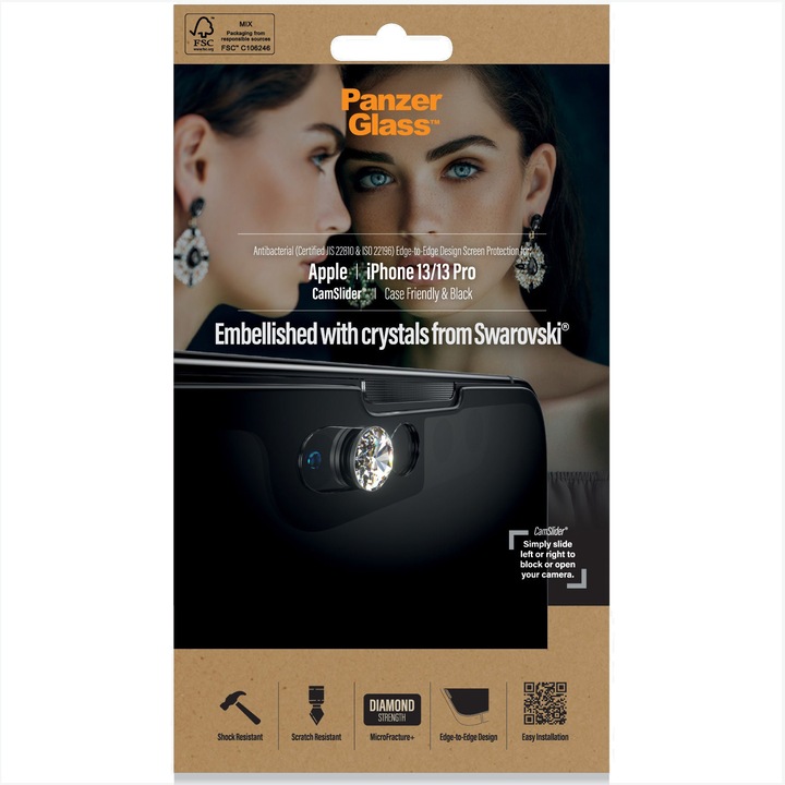PanzerGlass védőfólia Swarovski kristályokkal Apple iPhone 13/13 Pro készülékhez, átlátszó / fekete keret