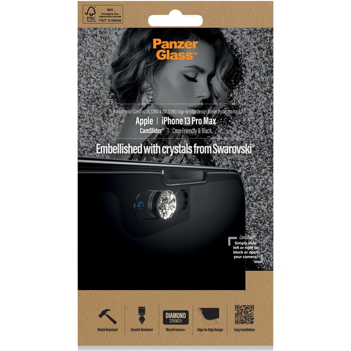 PanzerGlass védőfólia Swarovski kristályokkal Apple iPhone 13 Pro Max készülékhez, átlátszó / fekete keret