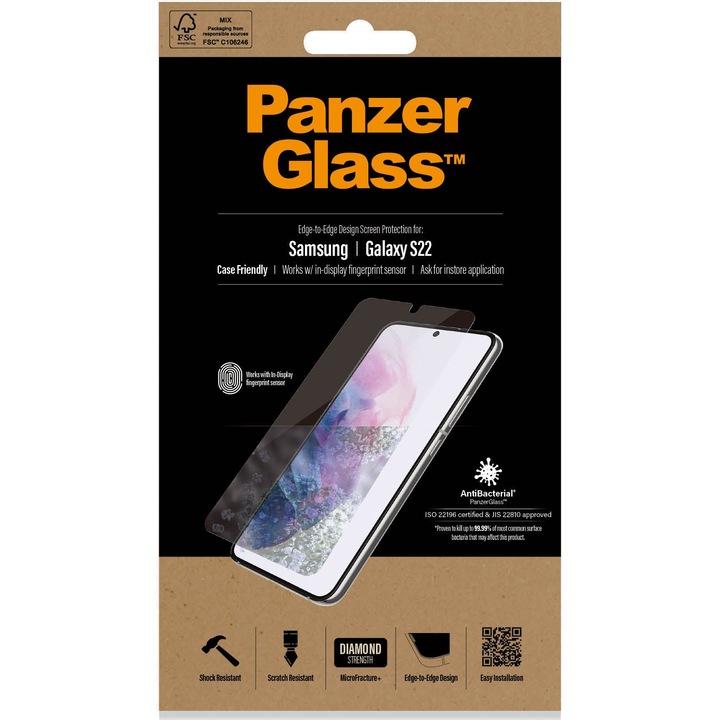 PanzerGlass Képernyővédő fólia, Samsung Galaxy S22-hez, nagyon ellenálló, átlátszó/fekete keret