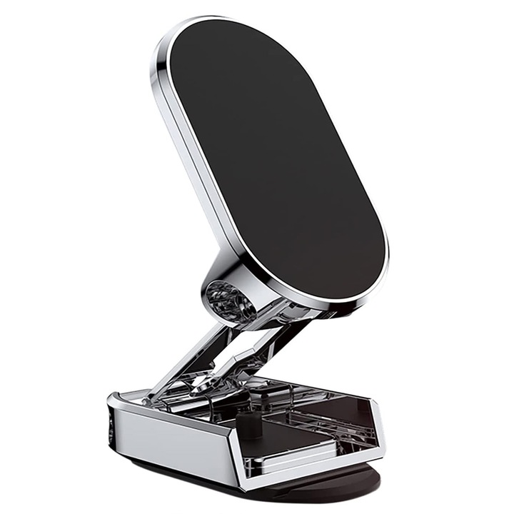 Behúzható autós tartó, Lecheng, ABS/alumínium/szilikon, mágneses, 360°-ban elforgatható, ragasztó, ezüst