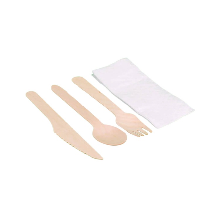 Set 100 Tacamuri Tris Lemn, Furculita, Cutit, Lingura, Servetel