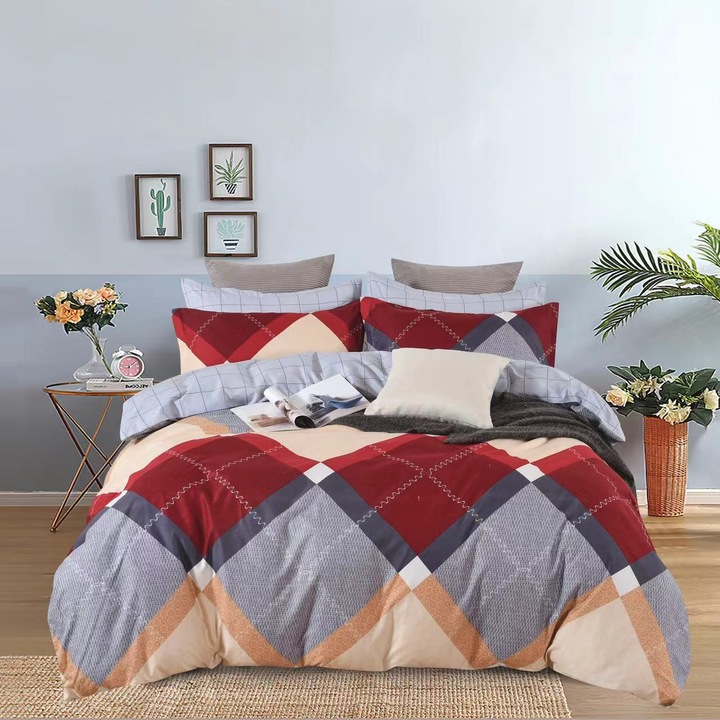 Set Lenjerie de pat Artistic Geometry in carouri, Disha, 3 piese, 1 persoana, multicolor, 200x200