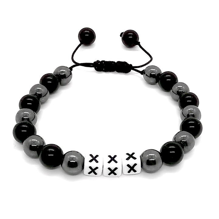 Bratara reglabila din onis si hematit cu mesaj xxx