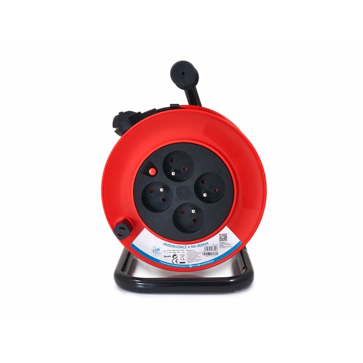 Удължител Aigostar, 2300W, 4 гнезда, 25 м, Черен/червен