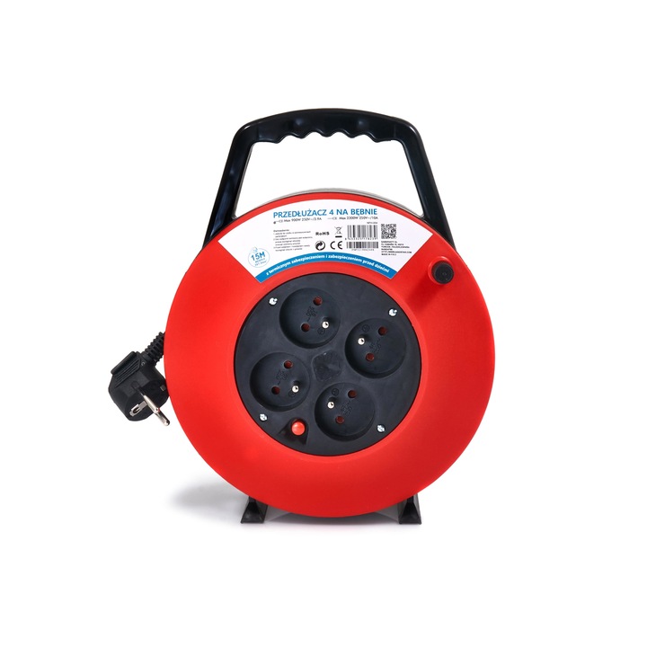 Prelungitor cu tambur Aigostar, 2300W, 4 prize, 15m, Negru/Rosu